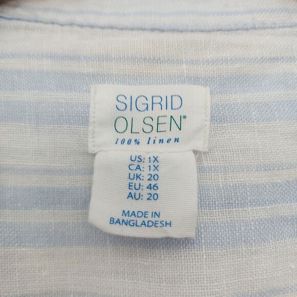 Sigrid Olsen Shirt Womens 1X Blue Stripes 100% Linen Roll Tab Sleeve Nautical - Picture 7 of 11